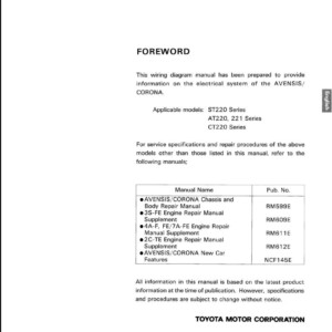 TOYOTA AVENSIS CORONA 1997 - 2002 ELECTRICAL WIRING DIAGRAM