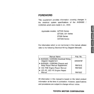 Toyota Avensis Supplement for vehicles from Jul 2000 to Dec 2002 production EWD418