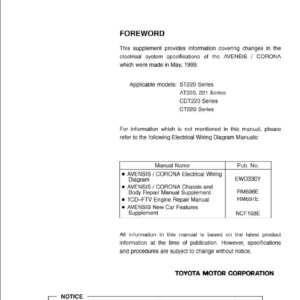 Toyota Avensis Supplement for vehicles from May 1999 to Dec. 2002 production EWD373