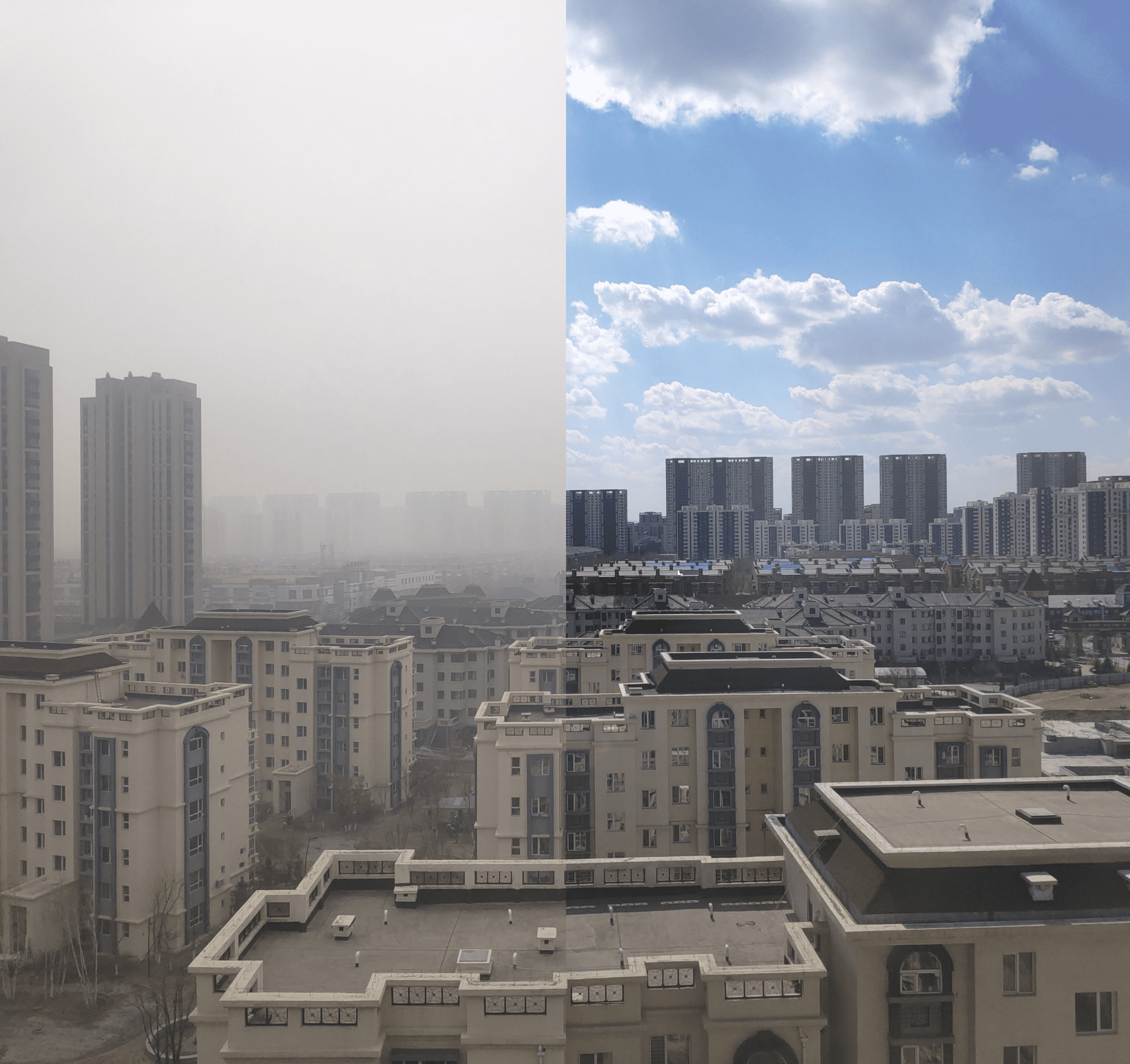 smog covered city vs. clean air smog covered city vs. clean air